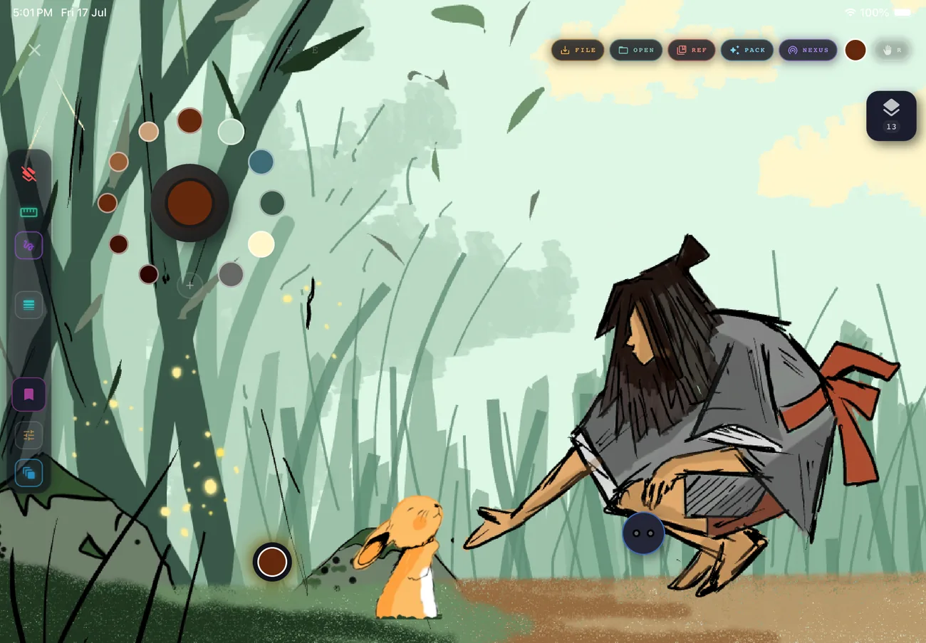 The Kreyon canvas on a tablet — a cloaked figure crouching in tall grass to meet a small hare, with the colour dial and layer panel folded to the edges of the screen