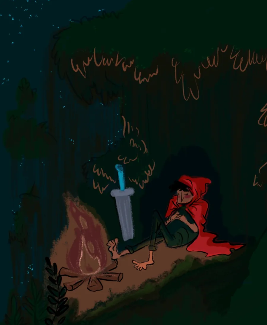 A hooded figure resting beside a campfire at night, a sword planted in the ground next to them, drawn in Kreyon with visible sketch strokes