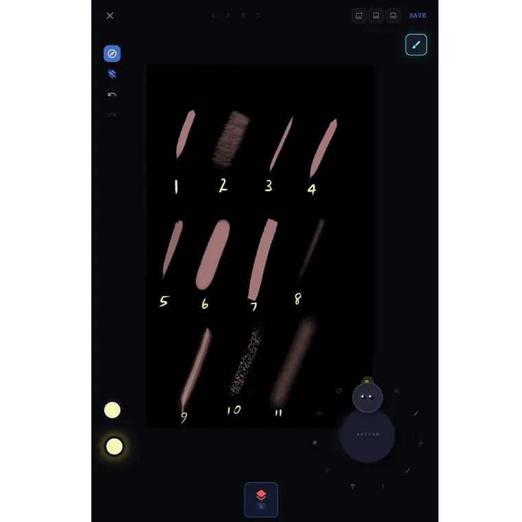 Brush strokes rendered on the Kreyon canvas, showing eight numbered brushes