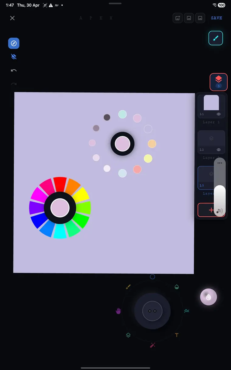 The Kreyon radial colour dial open over a canvas