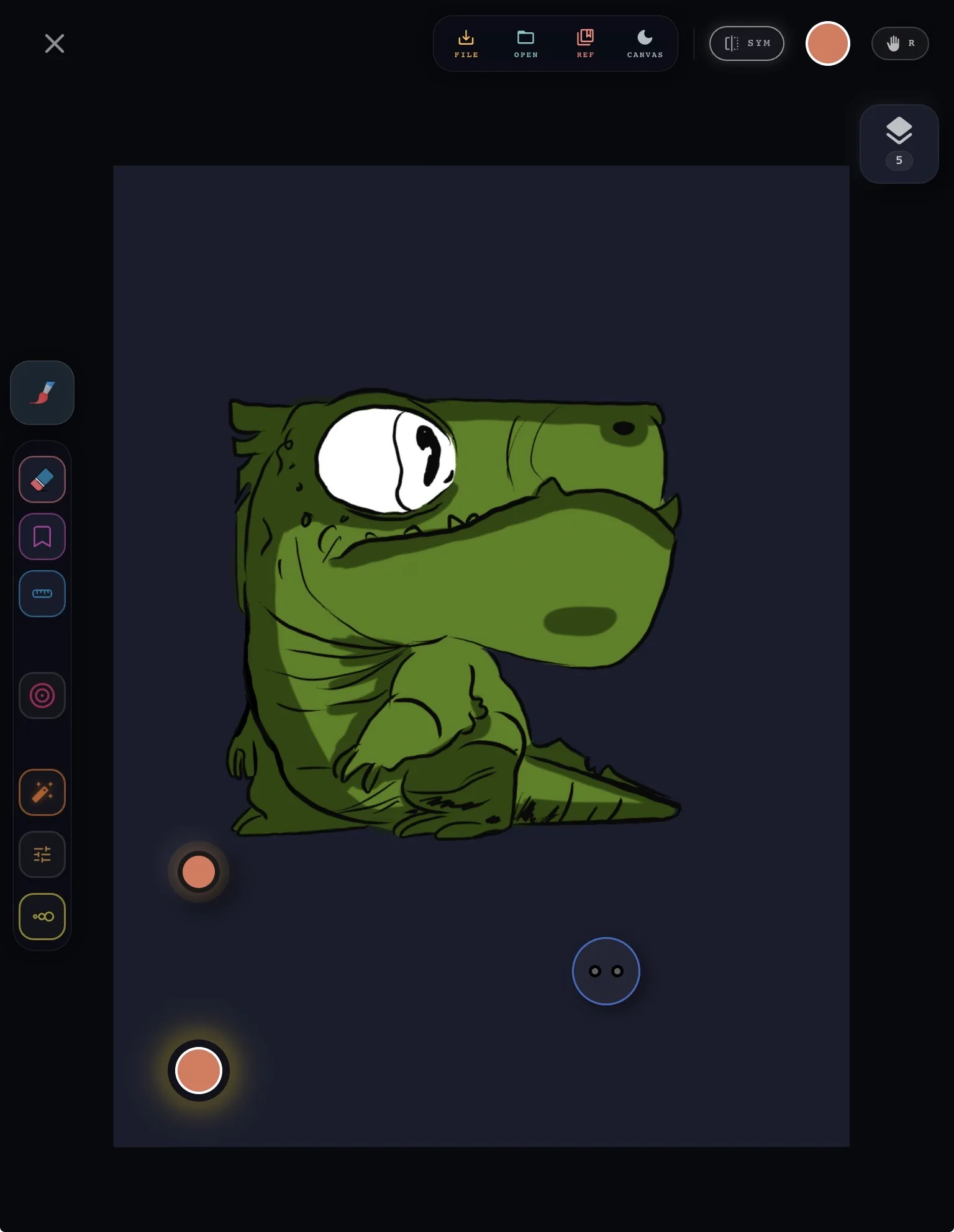 The Kreyon canvas with a drawing of a green dinosaur, used here to show where touch gestures happen