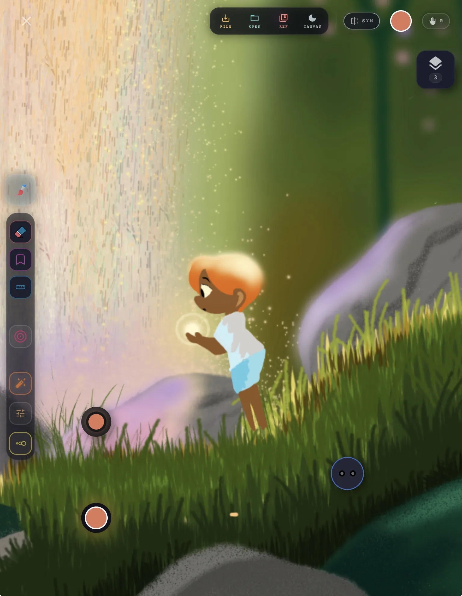 The Kreyon canvas on an iPad: a painting of a child holding a glowing light in tall grass, with the top bar, the side tool rail and floating dials visible