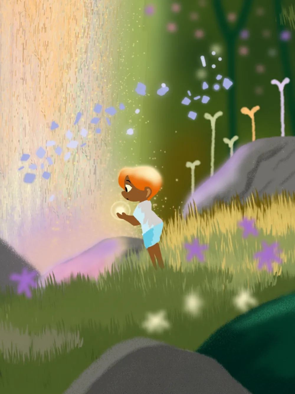 A child standing in a forest clearing at dusk, cupping a small glowing light, with pale petals drifting through the grass around them — drawn in Kreyon