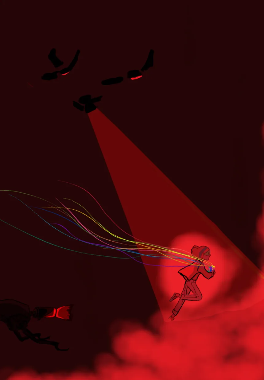 A figure running through red mist trailing long ribbons of colour behind them, dark craft overhead casting a searchlight — drawn in Kreyon